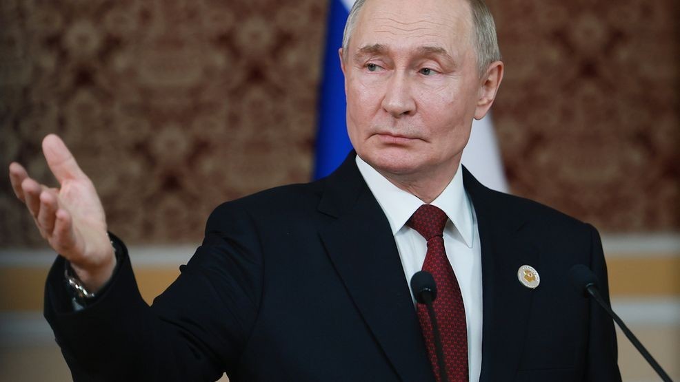Russian President Vladimir Putin holds a news conference after the summit of the Commonwealth of Independent States in Dushanbe, Tajikistan, Friday, Oct. 10, 2025. (Vladimir Smirnov, Sputnik, Kremlin Pool Photo via AP)
