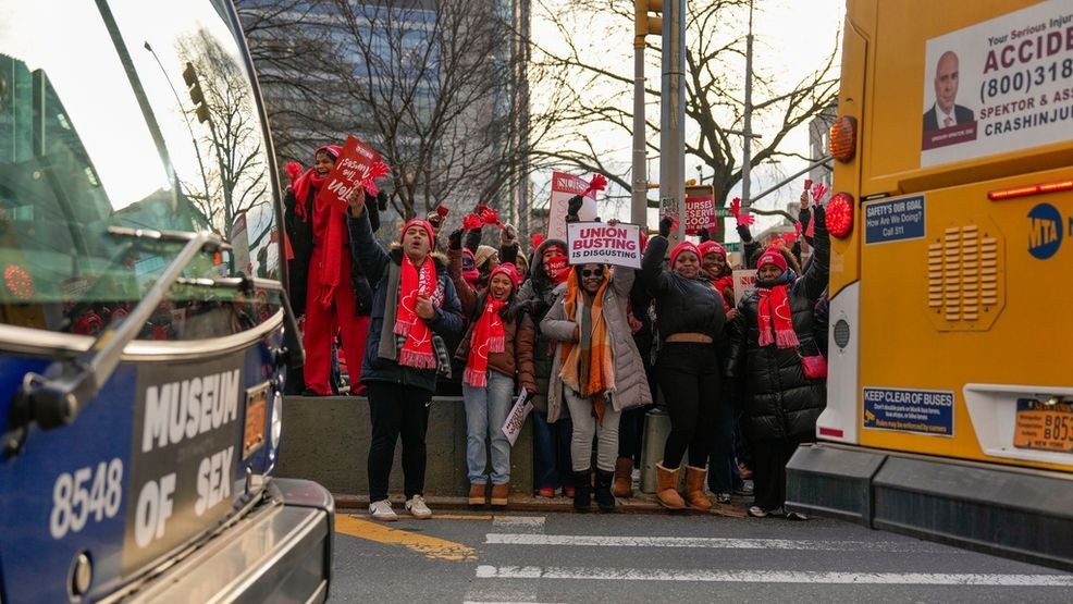 Nurses strike outside New York-Presbyterian Hospital, Monday, Jan. 12, 2026, in New York. (AP Photo/Yuki Iwamura)