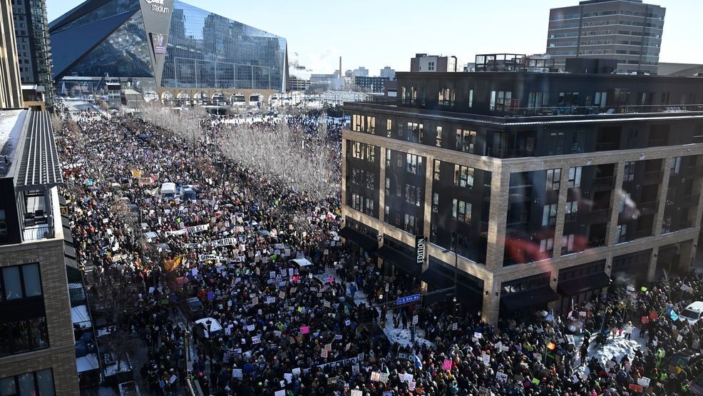 MINNEAPOLIS, MINNESOTA - JANUARY 23: Demonstrators participate in a rally and march during an "ICE Out” day of protest on January 23, 2026 in Minneapolis, Minnesota. Community leaders, faith leaders and labor unions have urged Minnesotans to participate in what they are calling a "day of action" as hundreds of local businesses are expected to close during a statewide general strike held in protest against immigration enforcement operations in the region. (Photo by Stephen Maturen/Getty Images)