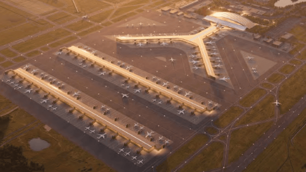 An international architectural firm has submitted a proposal to redesign the Washington Dulles International Airport that includes plans to create a new terminal named after President Donald Trump. (Courtesy of Bermello Ajamil & Partners LLC, in partnership with Zaha Hadid Architects){p}{/p}