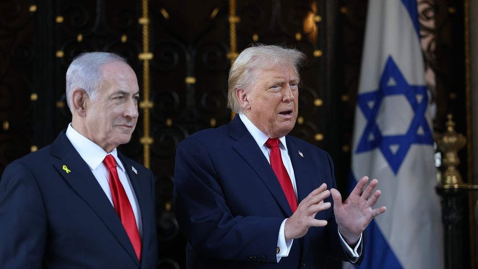 President Donald Trump talks to the media as he welcomes Israeli Prime Minister Benjamin Netanyahu to his Mar-a-Lago club on December 29, 2025, in Palm Beach, Florida. (Photo by Joe Raedle/Getty Images)