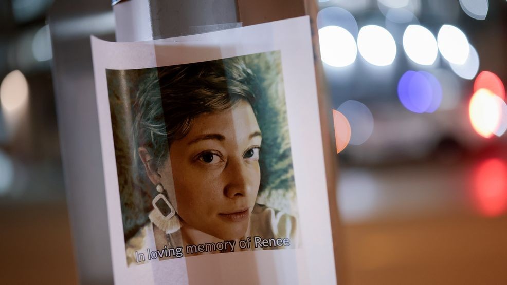 WASHINGTON, DC - JANUARY 08: A photograph of Renee Nicole Good is posted outside the U.S. Immigration and Customs Enforcement building on January 8, 2026 in Washington, DC. Good was shot and killed by ICE agents in Minneapolis on Wednesday, January 7th. (Photo by Heather Diehl/Getty Images)