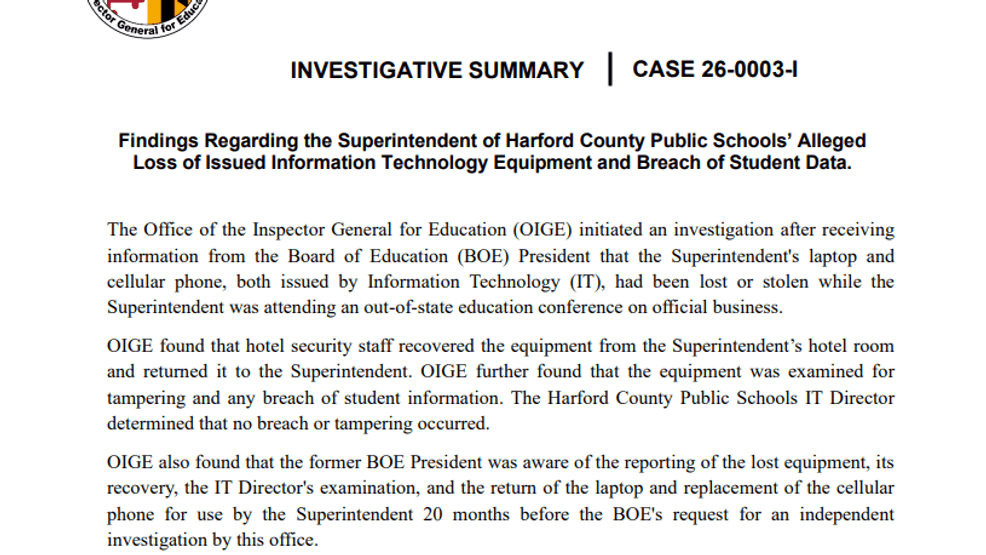 The Inspector General for Education Rick Henry released an investigative summary Monday (WBFF){p}{/p}