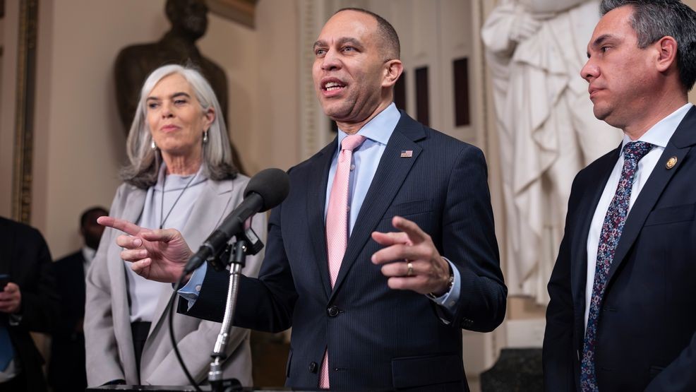 House Minority Leader Hakeem Jeffries, D-N.Y., joined by Rep. Katherine Clark, D-Mass., left, and Rep. Pete Aguilar, D-Calif., speaks to reporters just after the House passed legislation that extends expired health care subsidies for those who get coverage through the Affordable Care Act, at the Capitol in Washington, Thursday, Jan. 8, 2026. (AP Photo/J. Scott Applewhite)