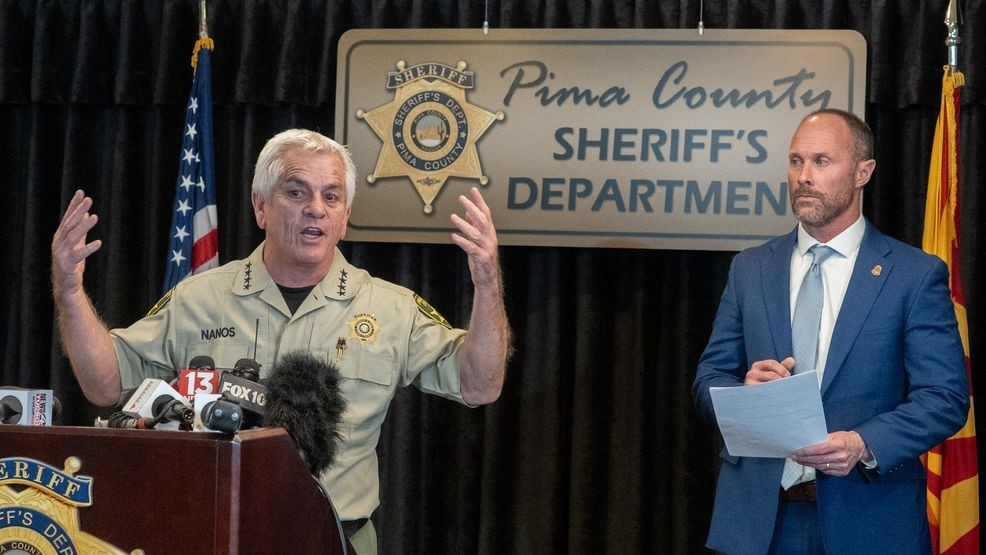 CATALINA, ARIZONA - FEBRUARY 3: Pima County Sheriff, Chris Nanos (left), speaks to the media on February 3, 2026 in Tucson, Arizona. He and FBI assistant special agent in-charge Jon Edwards (right) were answering questions about the search for Nancy Guthrie, the missing mother of NBC host Savannah Guthrie.(Photo by Jan Sonnenmair/Getty Images)