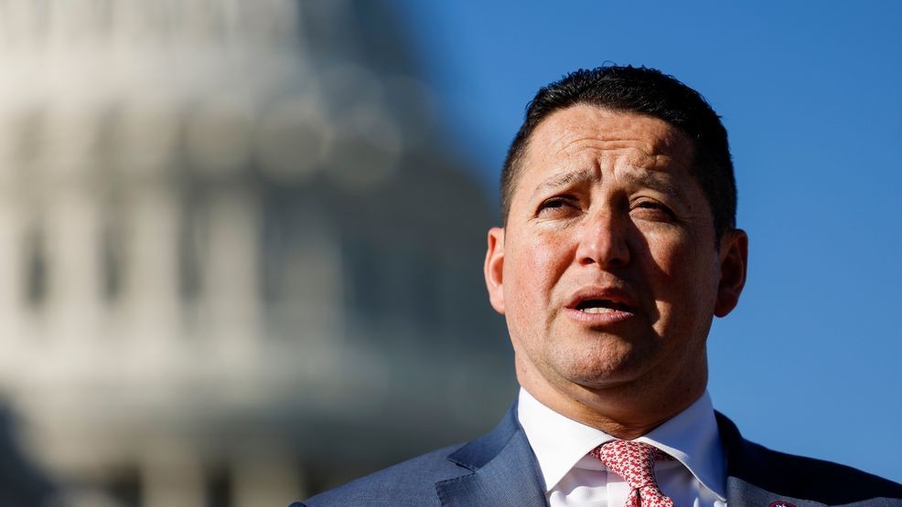 WASHINGTON, DC - NOVEMBER 14: U.S. Rep. Tony Gonzales (R-TX) speaks alongside U.S. Rep. Marjorie Taylor Greene (R-GA) at a news conference on border security outside of the U.S. Capitol Building on November 14, 2023 in Washington, DC.{ } (Photo by Anna Moneymaker/Getty Images)