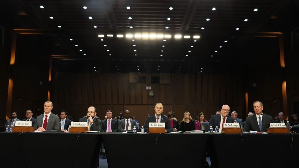 Chris Miller, Senior Vice President & General Counsel­–Verizon Global Services, Mike Romano, former Justice Department prosecutor, Dan Schwager, counsel at Verdi & Ogletree PLLC, and David R. McAtee, senior executive vice president & general counsel at AT&T, attend a hearing on "Arctic Frost Accountability: Oversight of Telecommunications Carriers' Responses to Jack Smith's Witch Hunt" in the Hart Senate Office Building on February 10, 2026 in Washington, DC. The Privacy, Technology, and the Law Subcommittee brought in current and former telecommunications executives and government officials to testify about Jack Smith's investigation into President Donald Trump. (Photo by Michael M. Santiago/Getty Images)