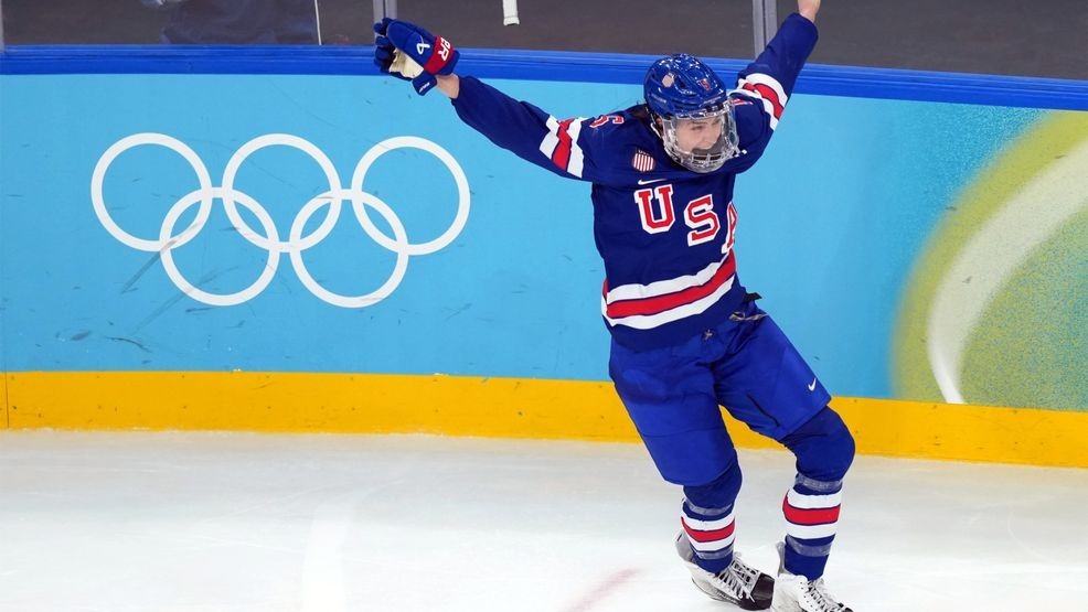 United States' Megan Keller celebrates after scoring the winning goal against Canada during the overtime period of the women's ice hockey gold medal game at the 2026 Winter Olympics, in Milan, Italy, Thursday, Feb. 19, 2026. (AP Photo/Carolyn Kaster)