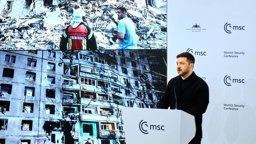 Ukraine's President Volodymyr Zelenskyy addresses the audience during a session at the Munich Security Conference in Munich, Germany, Saturday, Feb. 14, 2026. (AP Photo/Michael Probst)
