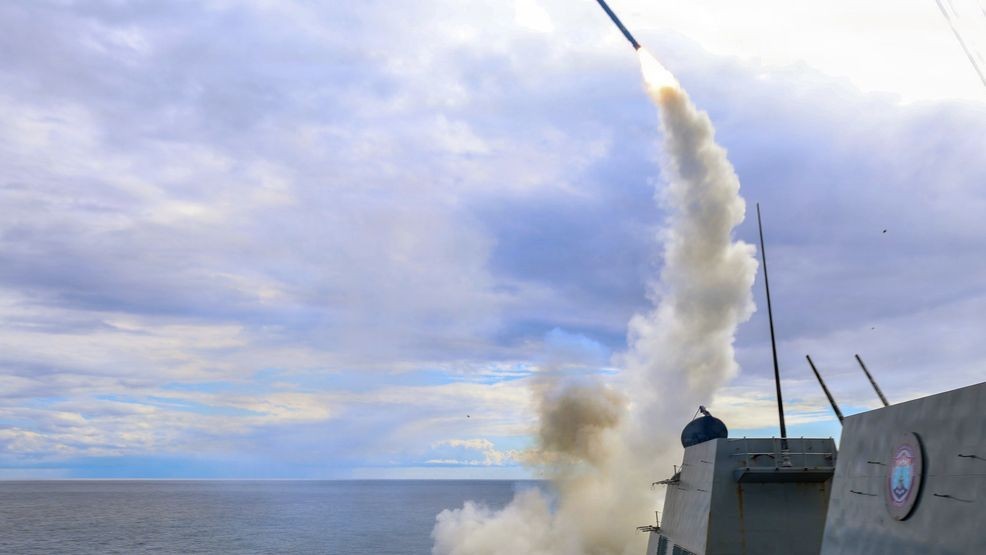 AT SEA, UNSPECIFIED - MARCH 1: (EDITOR'S NOTE: This Handout image was provided by a third-party organization and may not adhere to Getty Images' editorial policy.) In this U.S. Navy released handout,  Arleigh Burke-class guided-missile destroyer USS Thomas Hudner (DDG 116) fires a Tomahawk land attack missile in support of Operation Epic Fury, on March 1, 2026 at Sea. Iran's Supreme Leader, Ayatollah Ali Khamenei, was confirmed killed after the United States and Israel launched a joint attack on Iran on February 28. Iran retaliated by firing waves of missiles and drones at Israel, and targeting U.S. allies in the region. (Photo by U.S. Navy via Getty Images)
