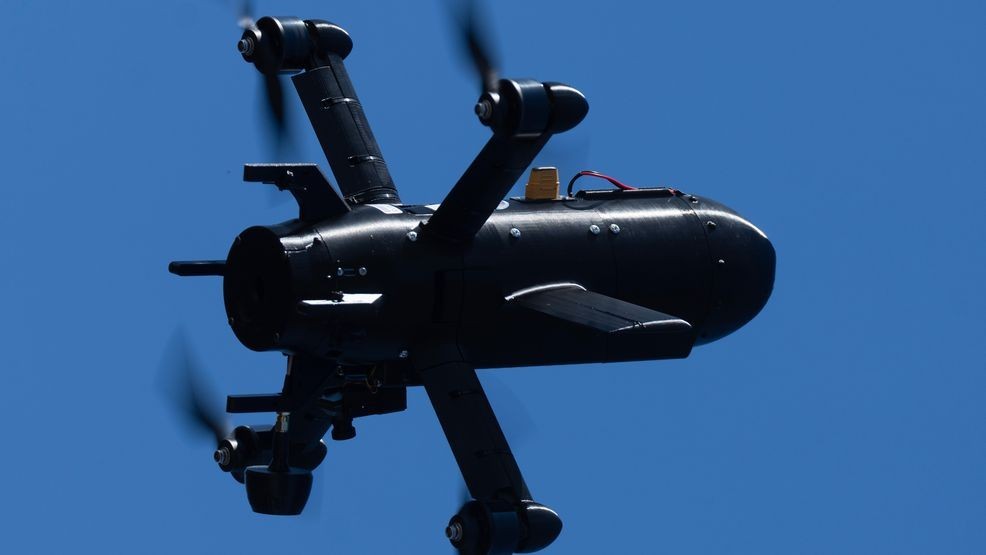 An anti-air interceptor drone designed to destroy Russian attack drones from the Ukrainian company General Cherry is seen during a demonstration in Kyiv region, Wednesday, March 11, 2026. (AP Photo/Efrem Lukatsky)