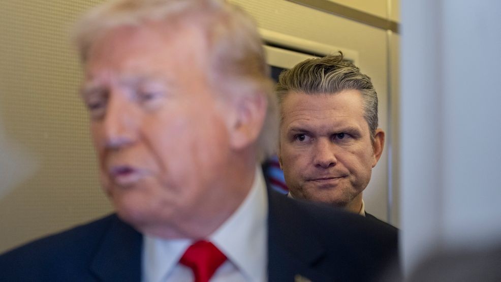 IN FLIGHT- MARCH 7: U.S. President Donald Trump speaks to members of the media traveling on Air Force One while heading to Miami on March 7, 2026. President Trump and other members of the government attended the dignified transfer of six soldiers from the 103rd Sustainment Command who were killed in action by an Iranian drone strike on March 1 in Port of Shuaiba, Kuwait during "Operation Epic Fury". (Photo by Roberto Schmidt/Getty Images)