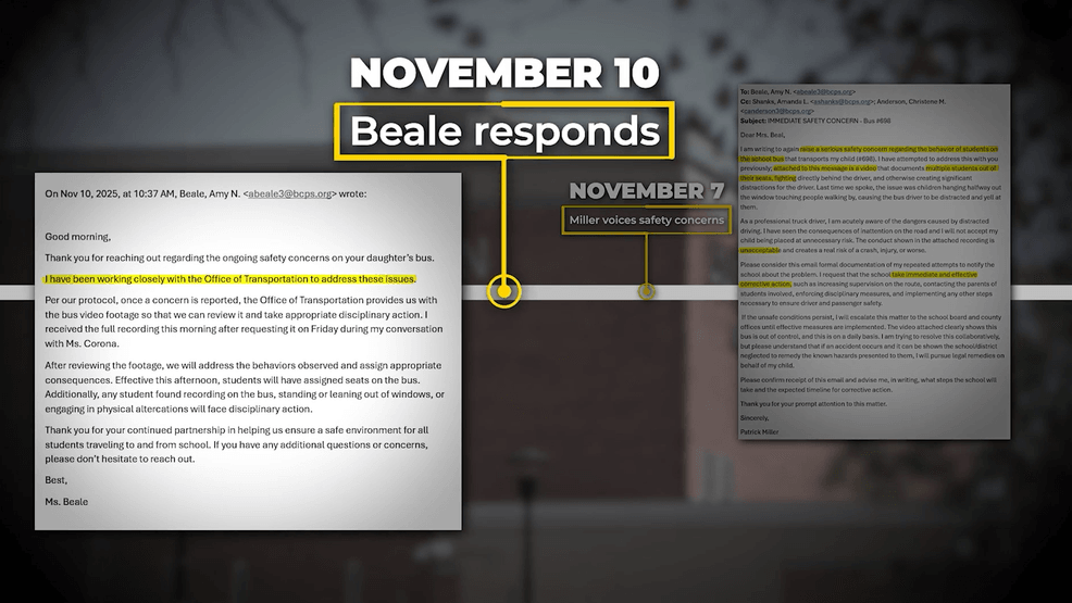 {p}Assistant Principal Beale responds to an email sent by Miller. She writes, “I have been working closely with the Office of Transportation to address these issues.” (WBFF){/p}