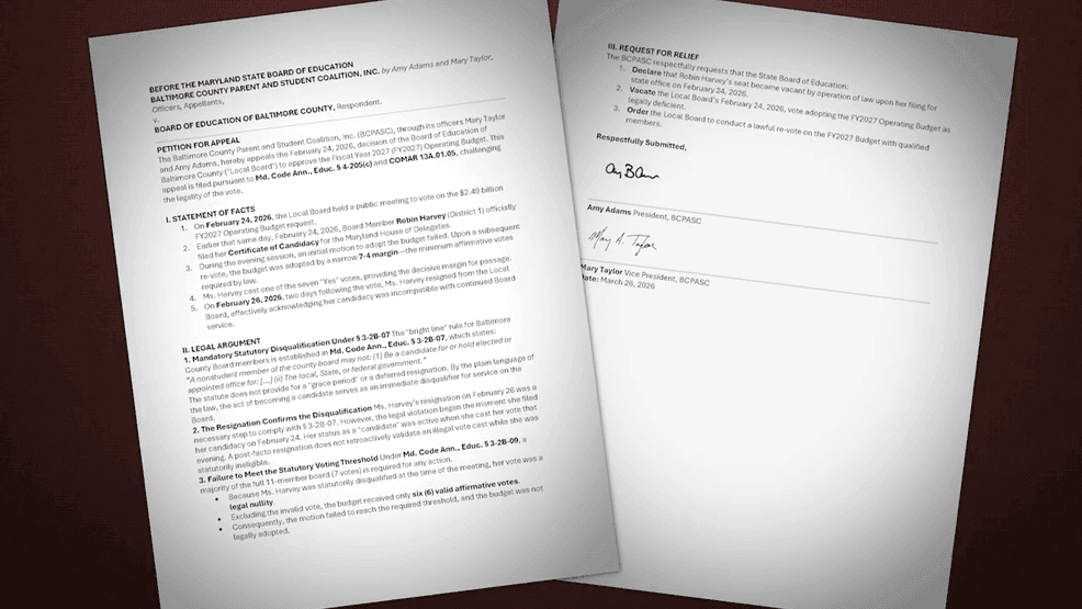 {em}The Baltimore County Parent and Student Coalition filed an appeal with the Maryland State Department of Education challenging the legality of the budget vote (WBFF){/em}
