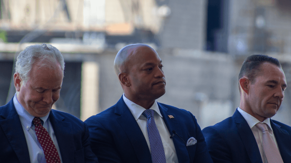 Maryland Gov. Wes Moore at a groundbreaking for the new 'Sparrows Point Container Terminal' at TradePoint Atlantic's Coke Point in Edgemere, Md., on Friday, May 1, 2026. (Gary Collins/Spotlight on Maryland)