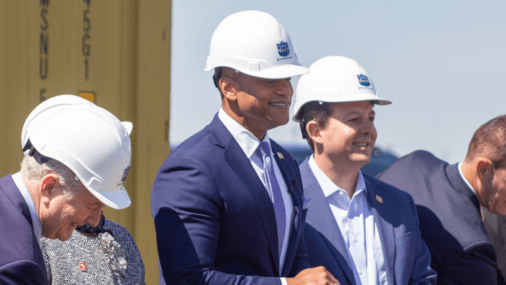 Maryland Gov. Wes Moore at a groundbreaking for the new 'Sparrows Point Container Terminal' at TradePoint Atlantic's Coke Point in Edgemere, Md., on Friday, May 1, 2026.