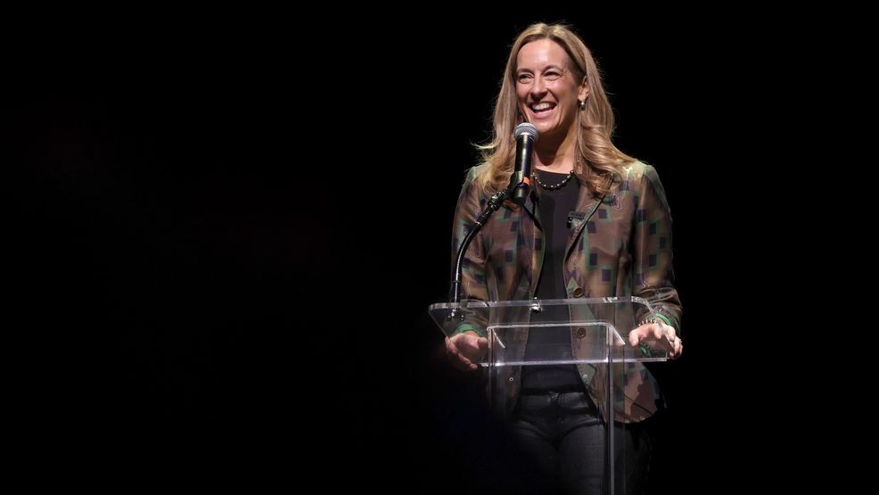 NEWARK, NEW JERSEY - DECEMBER 07: (L-R) New Jersey Governor-elect Mikie Sherrill greets the audience before a conversation between Stephen Colbert & Conan O'Brien to benefit Montclair Film at New Jersey Performing Arts Center on December 07, 2025 in Newark, New Jersey. (Photo by Michael Loccisano/Getty Images)