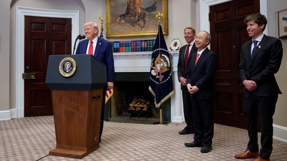 FILE - President Donald Trump, accompanied by (L-R) Oracle co-founder, CTO and Executive Chairman Larry Ellison, SoftBank CEO Masayoshi Son, and OpenAI CEO Sam Altman, speaks during a news conference in the Roosevelt Room of the White House on January 21, 2025, in Washington, D.C. (Photo by Andrew Harnik/Getty Images)