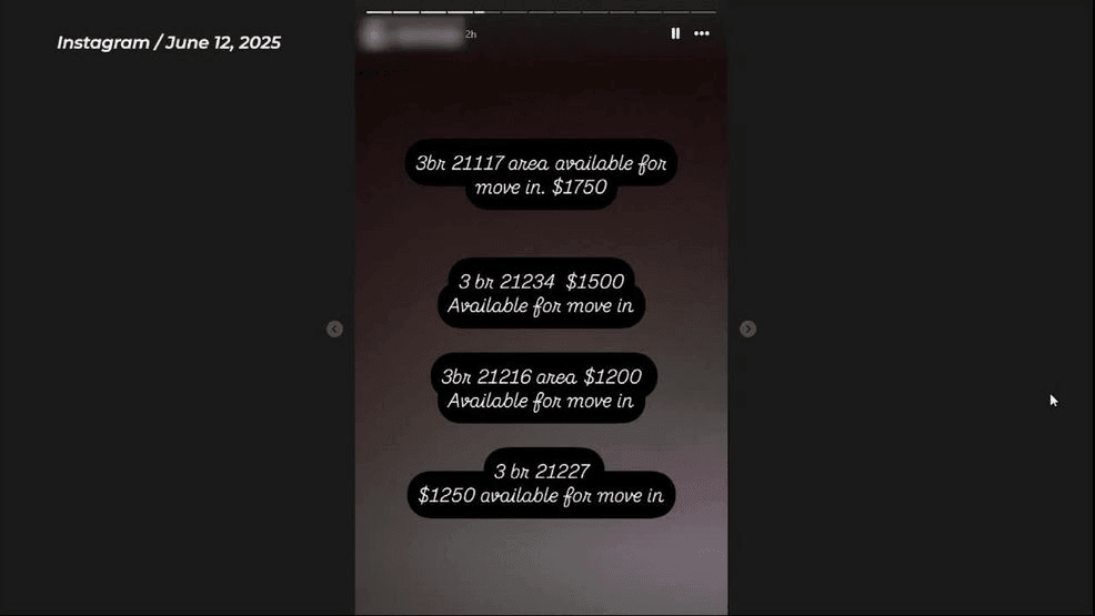 Spotlight on Maryland reviewed several social media accounts on Thursday, June 12, 2025, that continue to advertise 'last resort' or 'squatter homes' for a one-time fee. (Instagram)