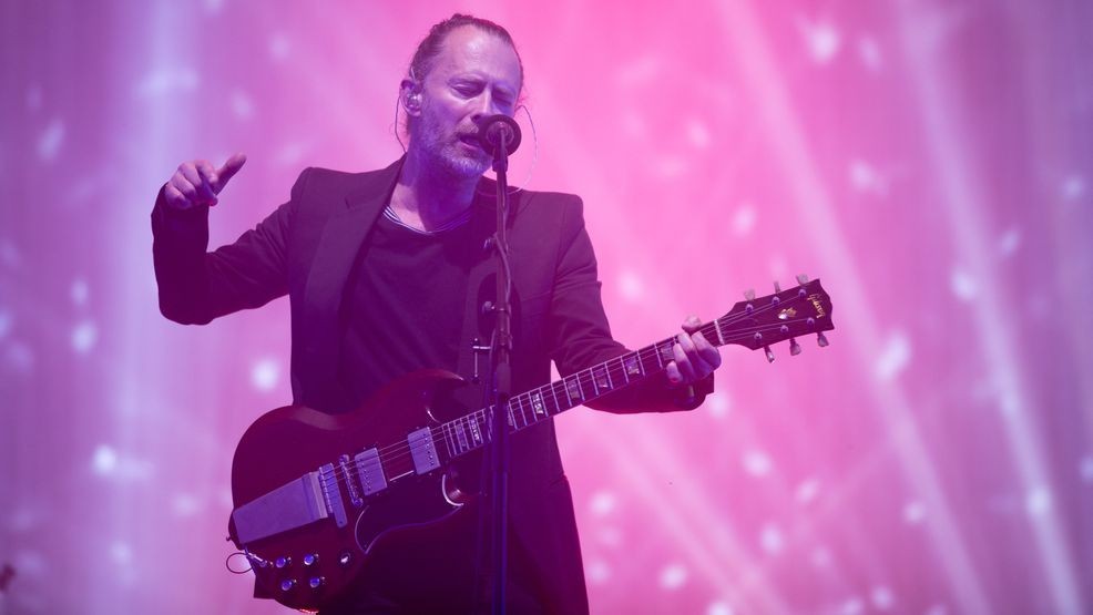 GLASTONBURY, ENGLAND - JUNE 23:  Thom Yorke from Radiohead performs on the Pyramid Stage at the Glastonbury Festival site at Worthy Farm in Pilton on June 23, 2017 near Glastonbury, England. Glastonbury Festival of Contemporary Performing Arts is the largest greenfield festival in the world. It was started by Michael Eavis in 1970 when several hundred hippies paid just £1, and now attracts more than 175,000 people.  (Photo by Matt Cardy/Getty Images)