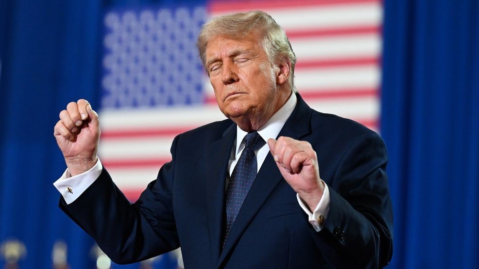 SUFFERN, NEW YORK - MAY 22: U.S. President Donald Trump dances on stage after delivering remarks during a campaign and economic policy event in the Eugene Levy Fieldhouse at SUNY Rockland Community College on May 22, 2026 in Suffern, New York. Trump traveled to the Hudson Valley to help bolster the campaign of Rep. Mike Lawler (R-NY) as he seeks reelection in what is expected to be one of the nation’s most closely watched House races this November. (Photo by Roberto Schmidt/Getty Images)