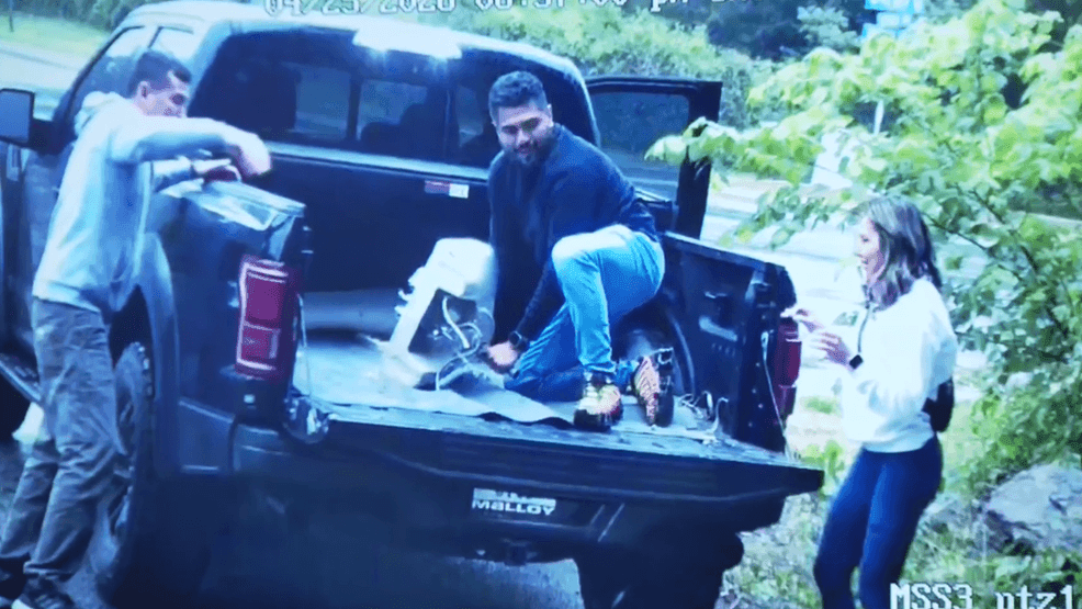 PGPD announces the arrests of two people pictured in this photo and says they are looking for the third during a June 2, 2026, press conference on illegal dumping in the county. (7News)