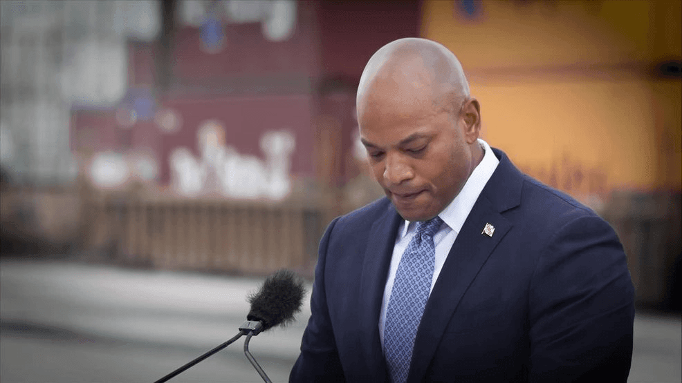 Maryland Gov. Wes Moore on Monday, June 22, 2026, addressing an audience at a ribbon-cutting event commemorating the official opening of the double-decker Howard Street Tunnel project. (Steve Pierce/Spotlight on Maryland)
