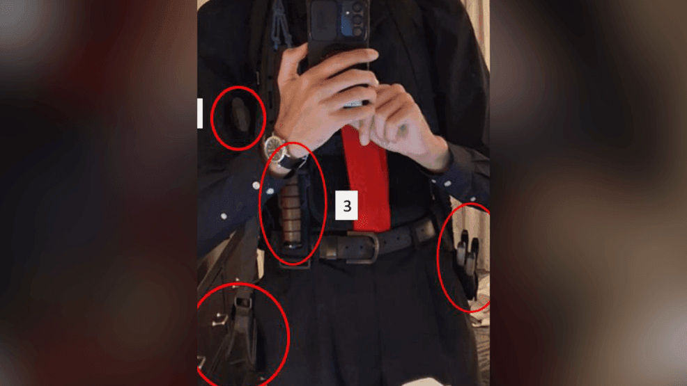 Newly released DOJ photos show suspected Trump assassination attempt suspect Cole Allen armed inside his Washington Hilton hotel room before the April 25, 2026, White House dinner shooting. The images, released April 29, 2026, also show the weapons authorities say he brought to the hotel. (DOJ)