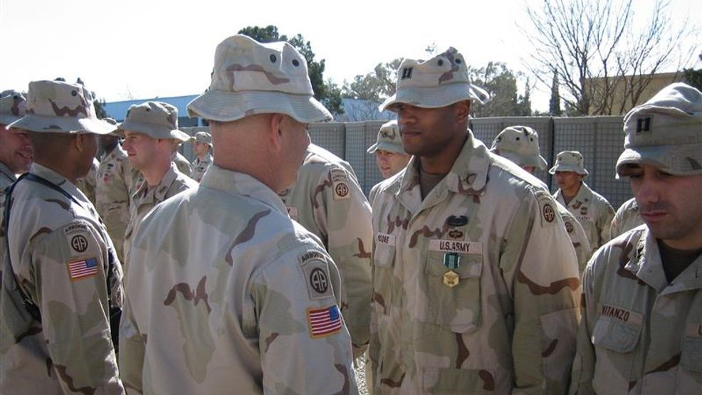 Capt. Wes Moore receives an Army Commendation Medal, or ARCOM, during an end-of-tour awards ceremony at Forward Operating Base Salerno in Afghanistan on March 1, 2006. (James Gottschling/Submitted)
