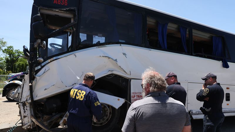 NTSB investigators examine wreckage on May 30, 2026 from the deadly bus crash on I-95 in Stafford County. (Courtesy: NTSB)