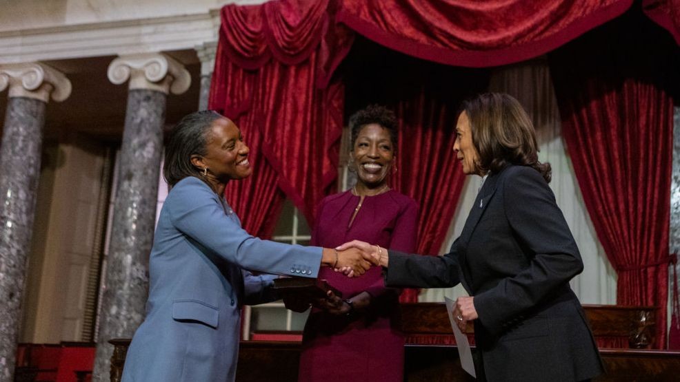 WASHINGTON, DC - OCTOBER 3: Sen. Laphonza Butler (D-CA) is sworn in by Vice President Kamala Harris in the Old Senate Chamber at the U.S. Capitol on October 3, 2023. Butler was appointed by Governor Gavin Newsom to the vacant Senate seat of California following the passing of Dianne Feinstein. (Photo by Anna Rose Layden/Getty Images)