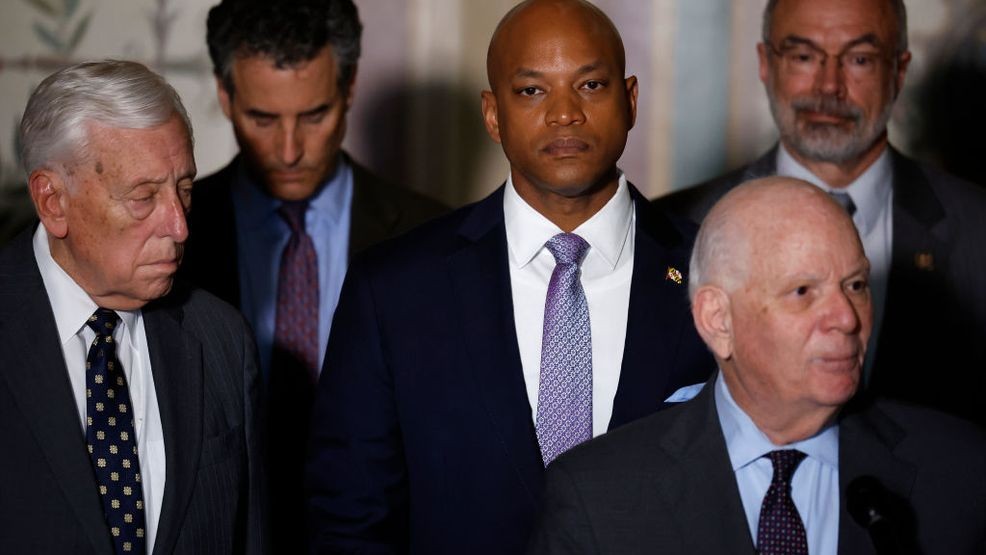 WASHINGTON, DC - APRIL 09: Maryland Governor Wes Moore (C) joins members of his state's Congressional delegation (L-R) Rep. Steny Hoyer (D-MD), Rep. John Sarbanes (D-MD), Sen. Ben Cardin (D-MD) and Rep. Andy Harris (R-MD) to talk to reporters following a meeting at the U.S. Capitol on April 09, 2024 in Washington, DC. Cardin said he expects bipartisan support for full federal funding to cover the costs of removing and replacing the destroyed Francis Scott Key Bridge in the Port of Baltimore. (Photo by Chip Somodevilla/Getty Images)