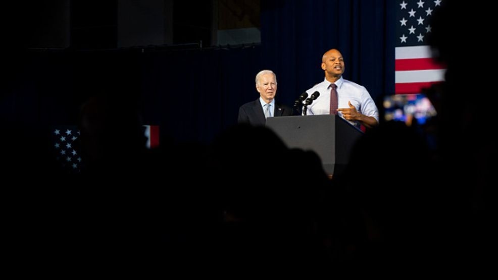 BOWIE, MD - NOVEMBER 07:  U.S. President Joe Biden looks on during a speech by Democratic gubernatorial candidate Wes Moore at a campaign rally at Bowie State University on November 7, 2022 in Bowie, Maryland. Moore faces Republican state Rep. Dan Cox in tomorrow's general election.  (Photo by Nathan Howard/Getty Images)