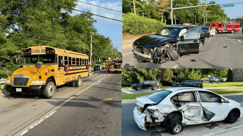 Five people were injured after a crash involving a school bus in Gaithersburg on July 2, 2026. (MCFRS)