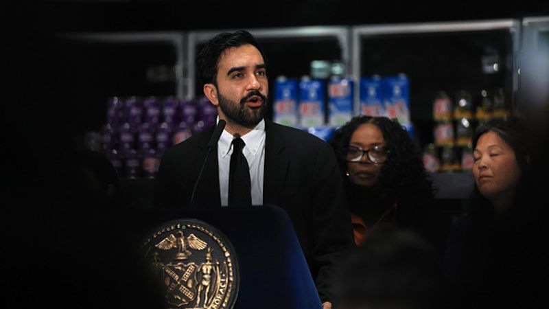 NEW YORK, NEW YORK - JULY 27: New York City Mayor Zohran Mamdani speaks at a food distribution center on July 27, 2026 in the Brooklyn borough of New York City. Mamdani announced that the five upcoming city-owned grocery stores will offer a 30 percent discount on produce, meat, bread, and milk when they begin to open next year. The discount on essential items will potentially save shoppers an estimated $90 a month, or roughly $1,000 a year, as prices for food and other items continue to rise throughout the country. The mayor has pledged one community grocery store for each borough. (Photo by Spencer Platt/Getty Images)