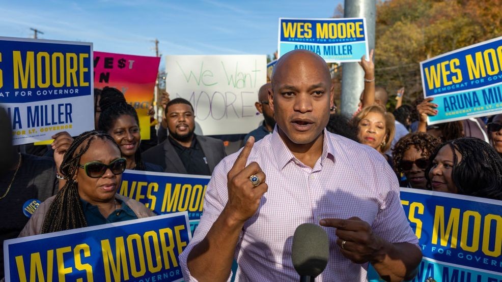 LARGO, MARYLAND - NOVEMBER 04: Maryland Democratic gubernatorial nominee Wes Moore talks to reporters while campaigning at Prince Georges Community College on November 04, 2022 in Largo, Maryland. Moore will face Republican nominee Dan Cox in the midterm general election on November 8. (Photo by Tasos Katopodis/Getty Images)
