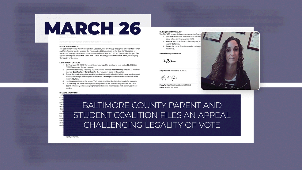{em}In late March, The Baltimore County Parent and Student Coalition filed an appeal with MSDE challenging the legality of the budget vote (WBFF){/em}