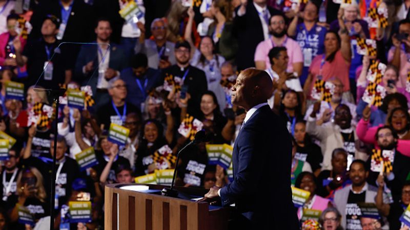 CHICAGO, ILLINOIS - AUGUST 21:  Maryland Gov. Wes Moore speaks on stage during the third day of the Democratic National Convention at the United Center on August 21, 2024 in Chicago, Illinois. Delegates, politicians, and Democratic Party supporters are in Chicago for the convention, concluding with current Vice President Kamala Harris accepting her party's presidential nomination. The DNC takes place from August 19-22.   (Photo by Kevin Dietsch/Getty Images)