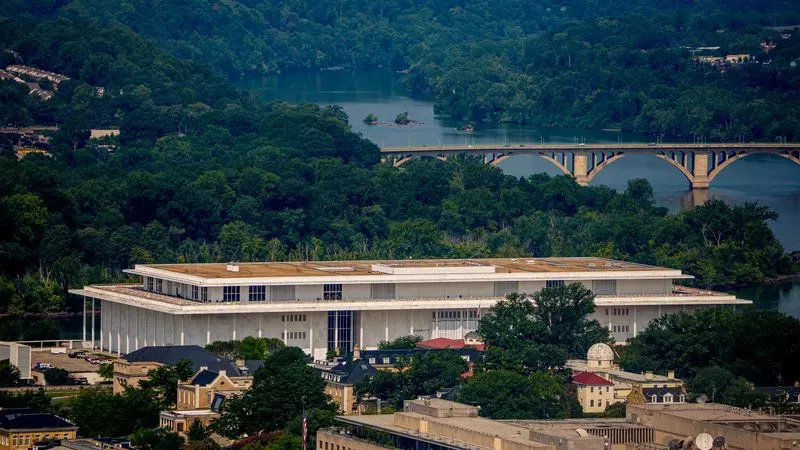 WASHINGTON, DC - AUGUST 10: Key Bridge and the Kennedy Center is seen from the Washington Monument on August 10, 2026 in Washington, DC. (Photo by Andrew Harnik/Getty Images)