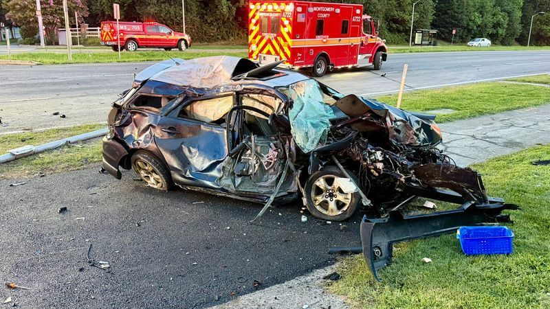 Multiple people injured after a two-vehicle crash involving an overturned vehicle that caught fire Tuesday morning, Aug. 4, 2026, in Germantown, Maryland. (MCFRS).