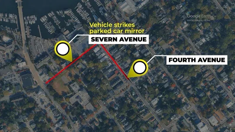Spotlight on Maryland confirmed Sen. C. Anthony Muse, D-Prince George's County, hit a parked car in the 400 block of Severn Avenue in Annapolis's Eastport neighborhood at approximately 8:10 p.m. on Monday, August 6, 2026, then proceeded to turn right onto Fourth Avenue, where he parked his car on top of a tree. (Graphic: Anthony Durson/Spotlight on Maryland)