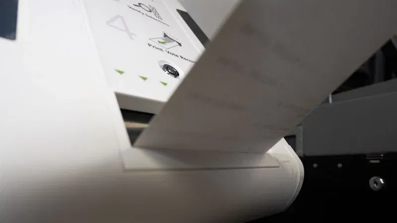 Nearly visually identical, the Maryland Board of Public Works approved a $109 million procurement to purchase new voting machines from Election Systems & Software (ES&S) that will be operational for the 2028 elections. (Steve Pierce/Spotlight on Maryland)