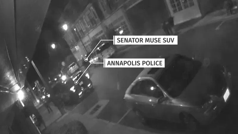 After getting inside his vehicle, police officers arrived at the scene where Maryland Sen. C. Anthony Muse, D-Prince George's County, parked his car in the 400 block of Fourth Street in Annapolis atop a tree. (Spotlight on Maryland/WBFF)