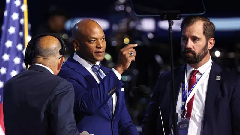 CHICAGO, ILLINOIS - AUGUST 21:   Maryland Governor Wes Moore takes part in stage testing ahead of the start of the third day of the Democratic National Convention (DNC) at the United Center on August 21, 2024 in Chicago, Illinois. Delegates, politicians, and Democratic party supporters are in Chicago for the convention, concluding with current Vice President Kamala Harris accepting her party's presidential nomination. The DNC takes place from August 19-22.   (Photo by Justin Sullivan/Getty Images)