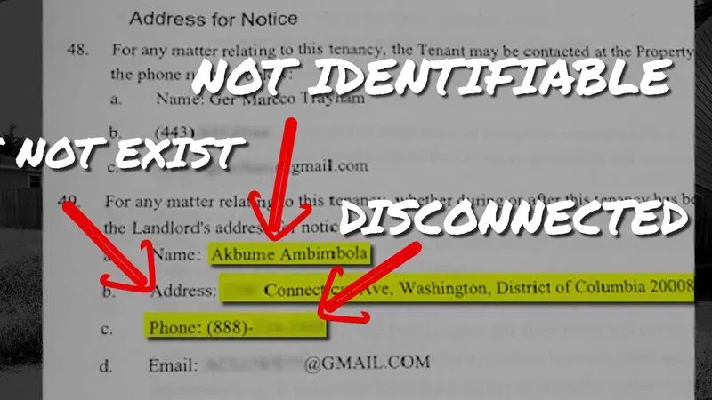 A lease that Germarcco Dante Trayham allegedly provided to Baltimore County police in January for a house he purportedly was squatting in contained an unidentified person, a landlord address that didn't exist, and a phone number that was disconnected. (Graphic: Steve Pierce/Spotlight on Maryland)