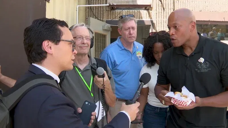 Spotlight on Maryland's investigative journalist Gary Collins pressed Gov. Wes Moore, a Democrat, on Friday, September 4, 2026, at the Maryland State Fairgrounds to ask whether he would vow not to propose new taxes and fee hikes for state residents during the next legislative session. (Ben Otte/WBFF)