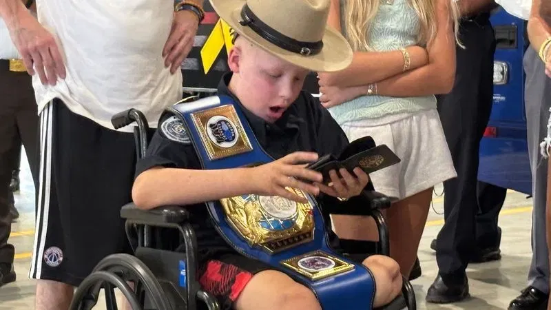 Several law enforcement and first responder agencies gather to recognize Joey Stanger, 10, during a daylong celebration in Upper Marlboro, Md. on Sept. 2, 2026. (Brad Bell/7News)