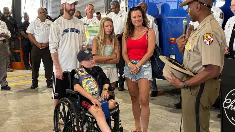 Several law enforcement and first responder agencies gather to recognize Joey Stanger, 10, during a daylong celebration in Upper Marlboro, Md. on Sept. 2, 2026. (Brad Bell/7News)