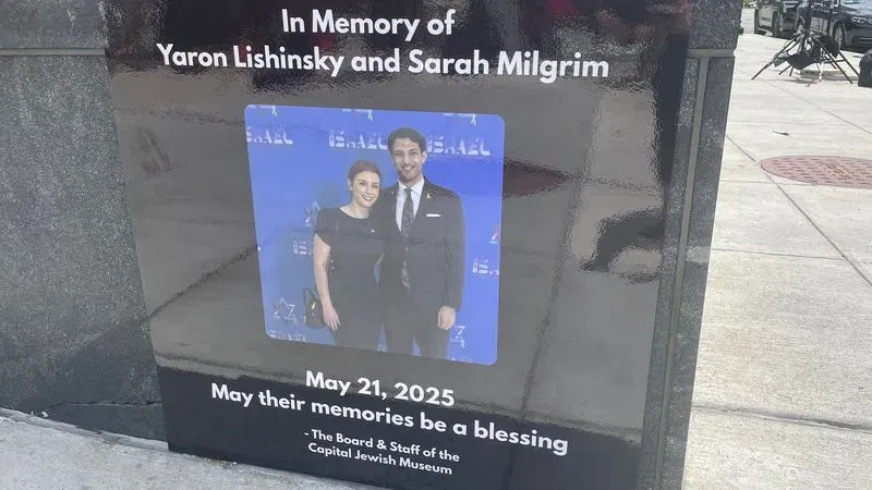 A growing memorial outside the Capital Jewish Museum pictured on May 23, 2025. (7News)