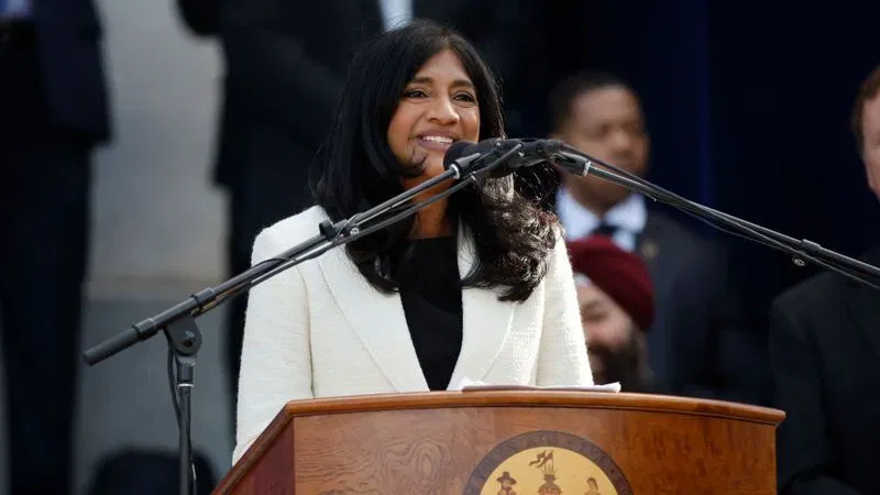 ANNAPOLIS, MARYLAND - JANUARY 18: Maryland Lt. Governor Aruna Miller delivers her inaugural address on the west side of the Maryland State House on January 18, 2023 in Annapolis, Maryland. Miller made history as the first immigrant and first Asian American elected statewide in Maryland. (Photo by Chip Somodevilla/Getty Images)